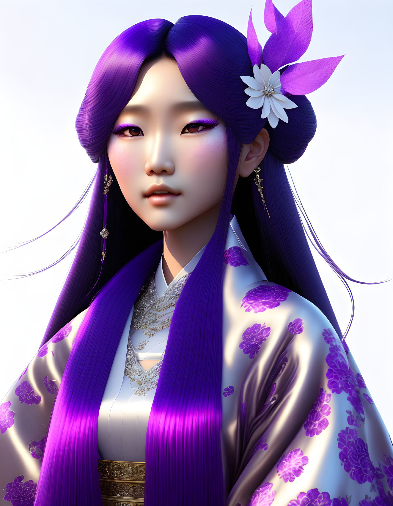 Digital artwork featuring woman with long purple hair and traditional attire