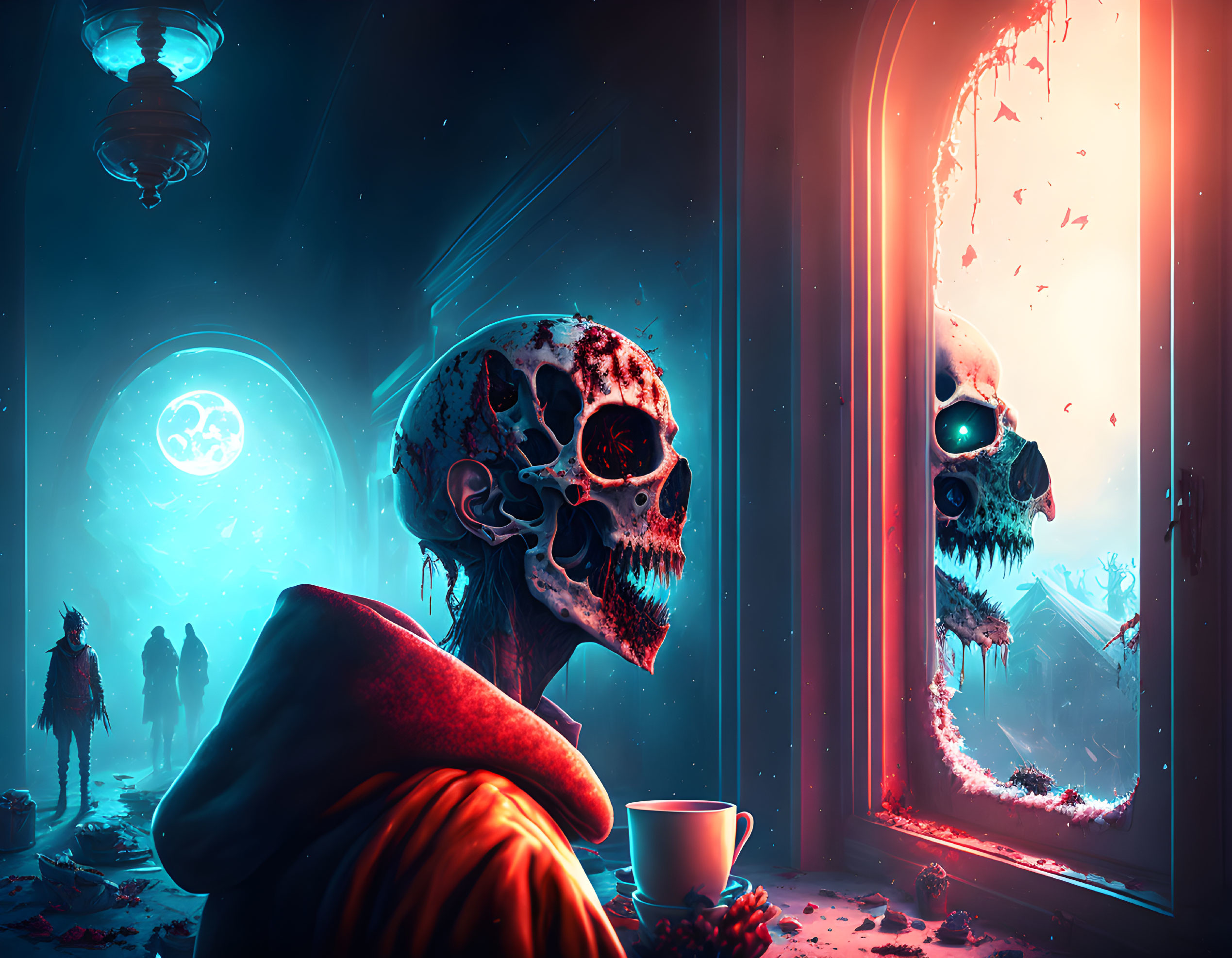 Cybernetic eye skull looks out snowy window with moon and silhouettes.