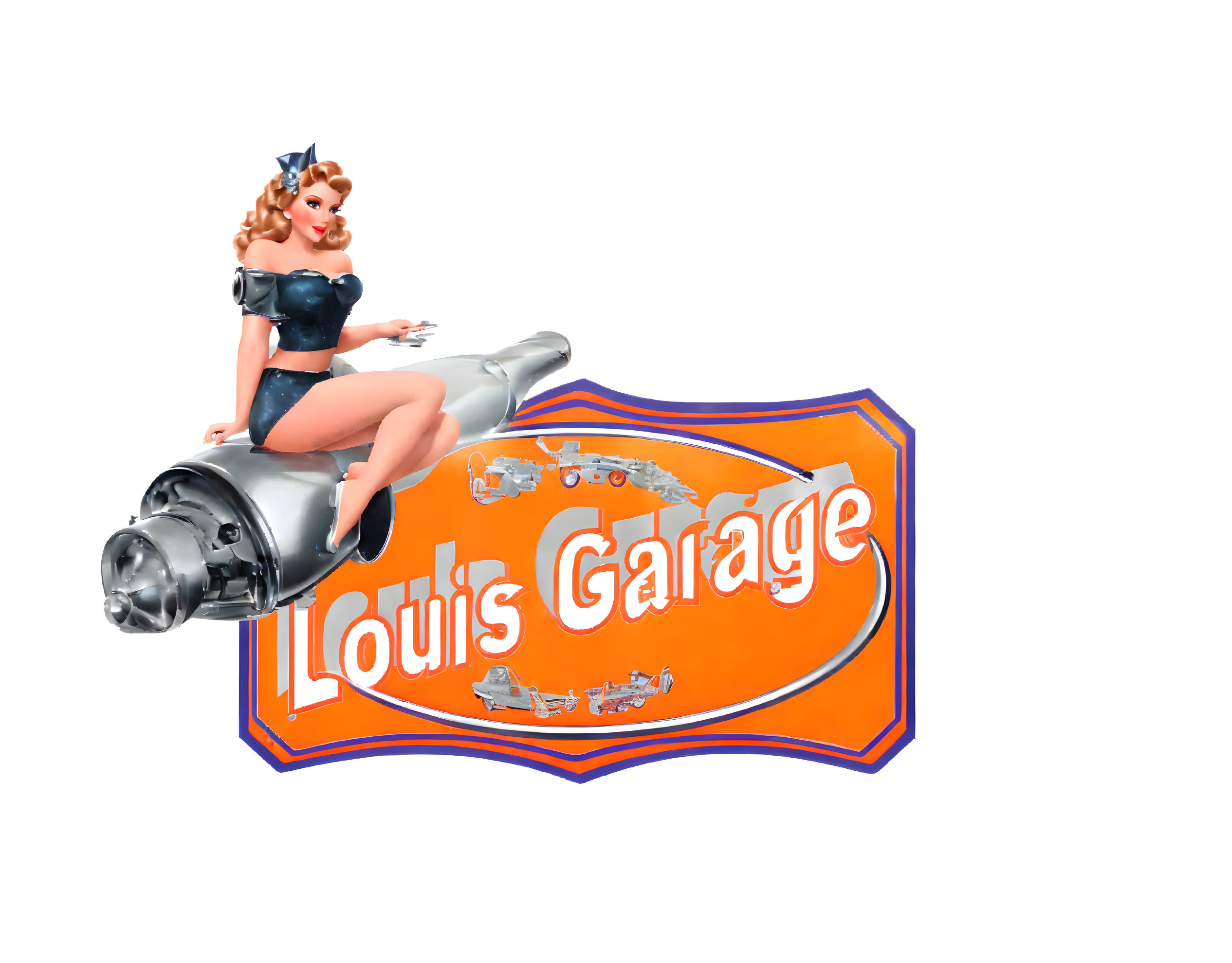 Vintage-style pin-up girl on missile with "Louis Garage" text on orange badge