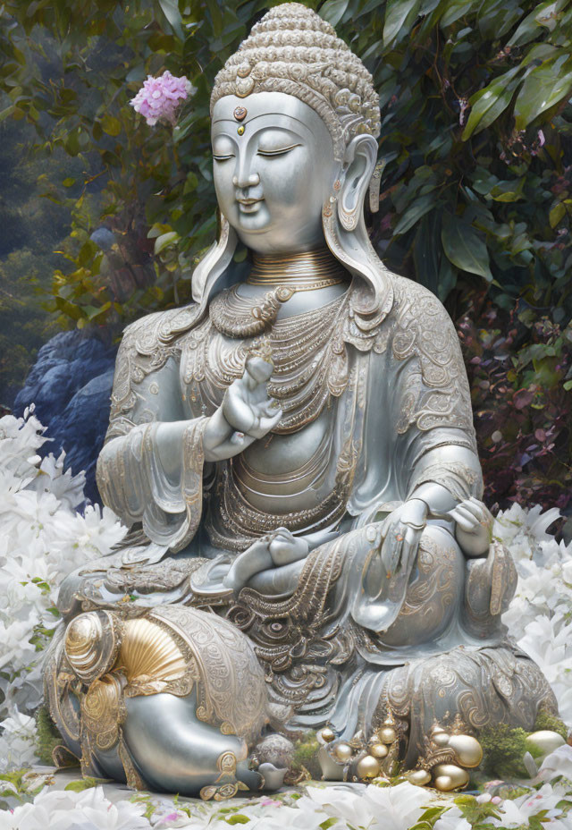 Intricately designed meditating figure with jewels in serene garden