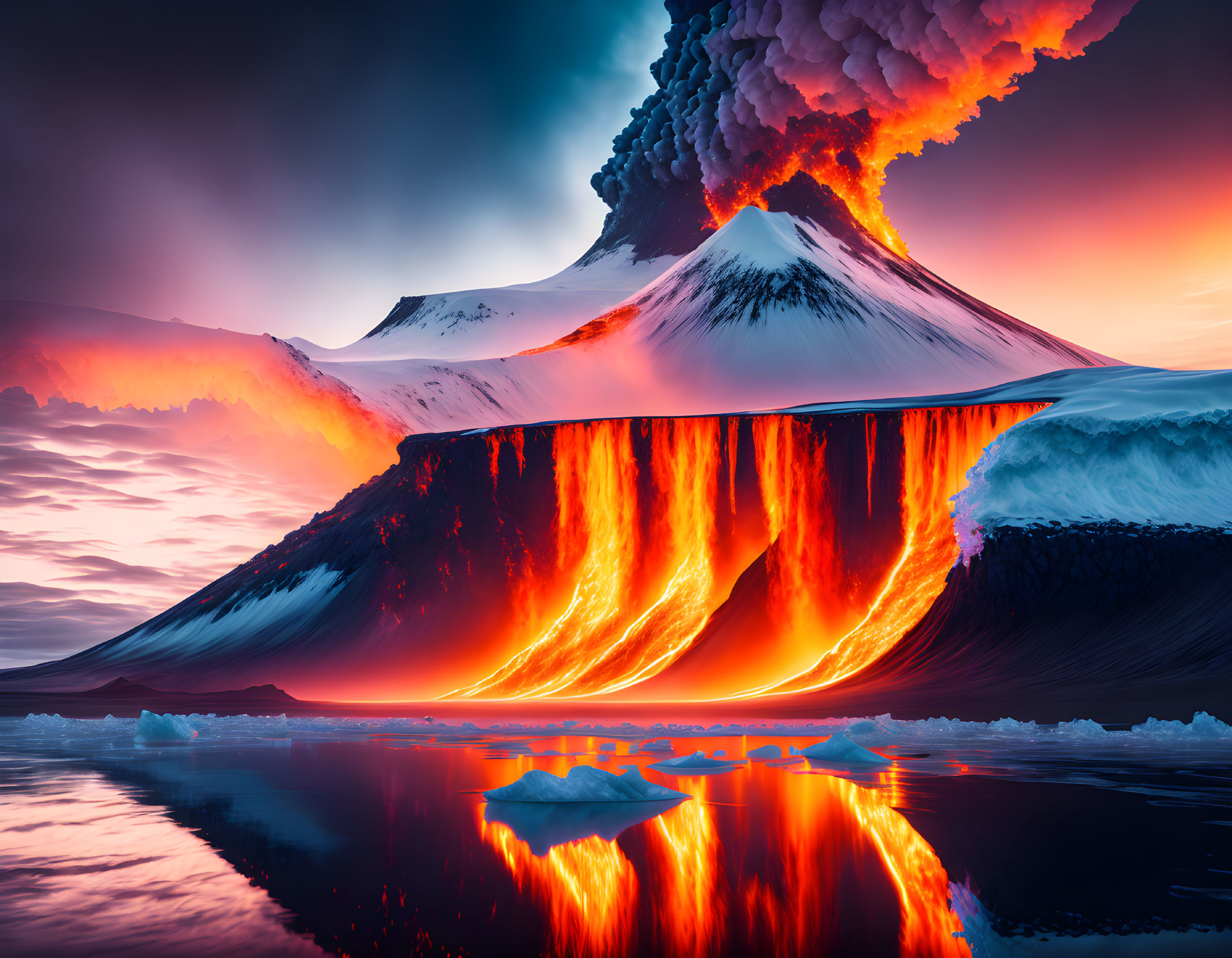 Erupting volcano with flowing lava reflected on water under fiery sky