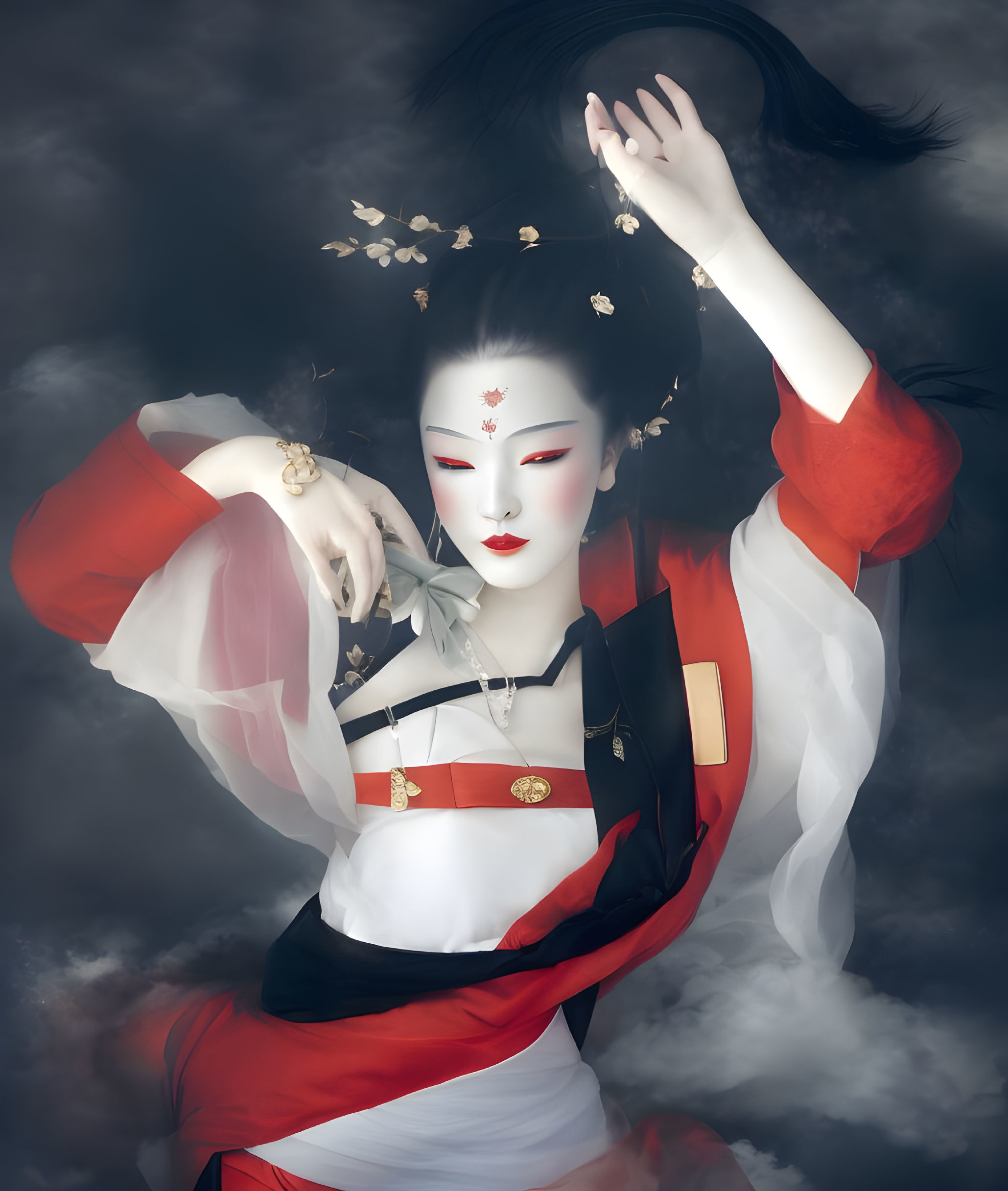 Geisha in traditional kimono with white face paint, red lips, and floral hair against smoky