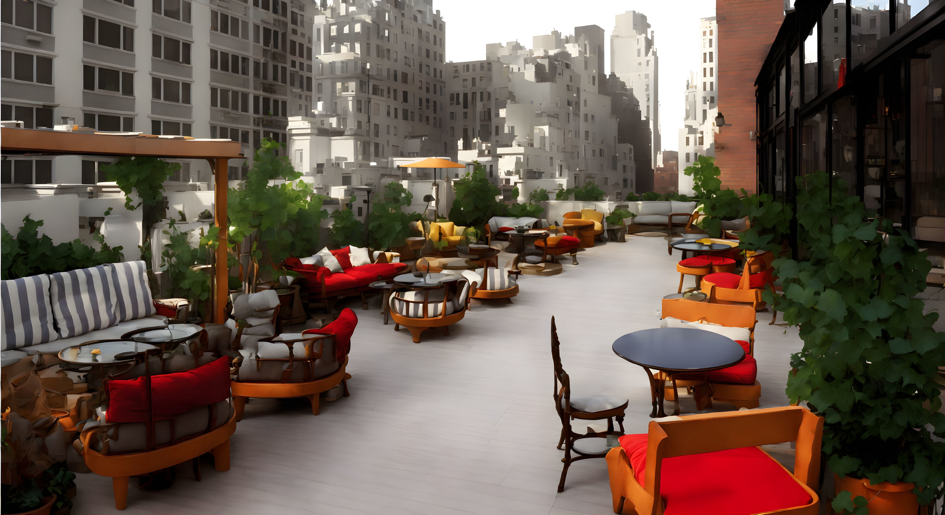 Rooftop lounge with plush seating and cityscape view