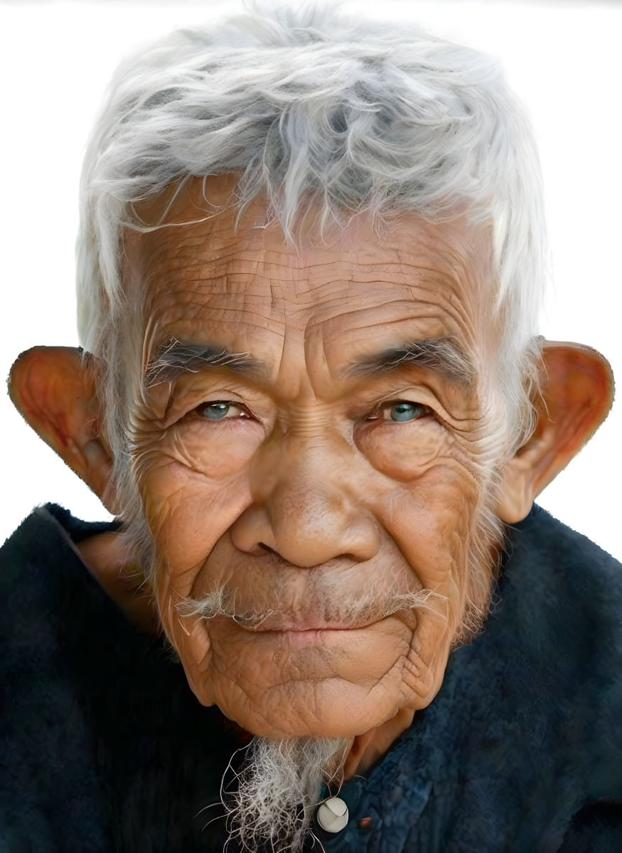 Elderly man with elf ears and white hair in dark top