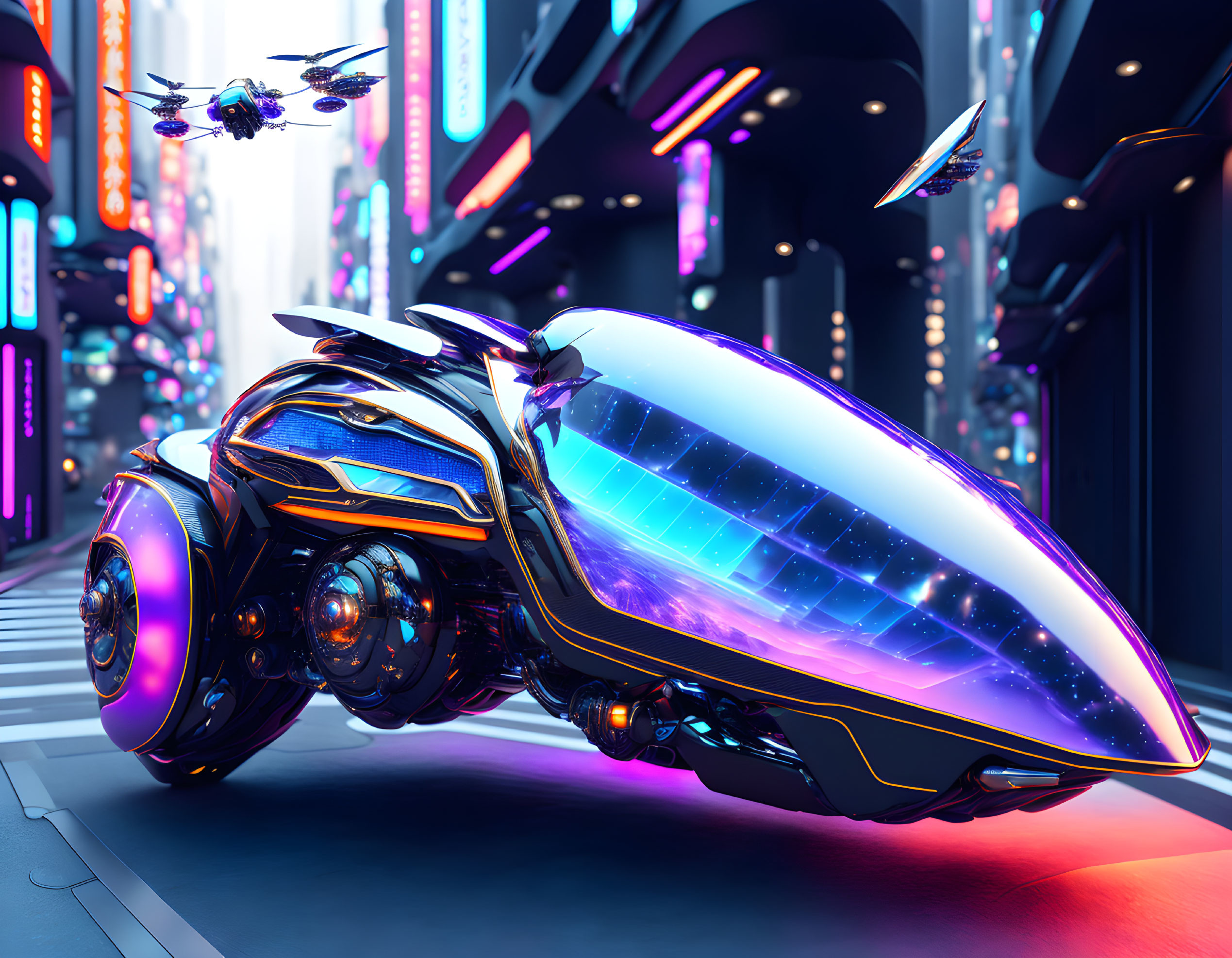 Futuristic vehicle with neon highlights in a city street scene