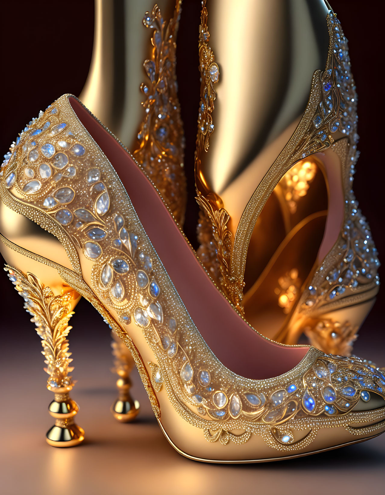 Luxurious Golden High-Heeled Shoes with Crystals and Patterns