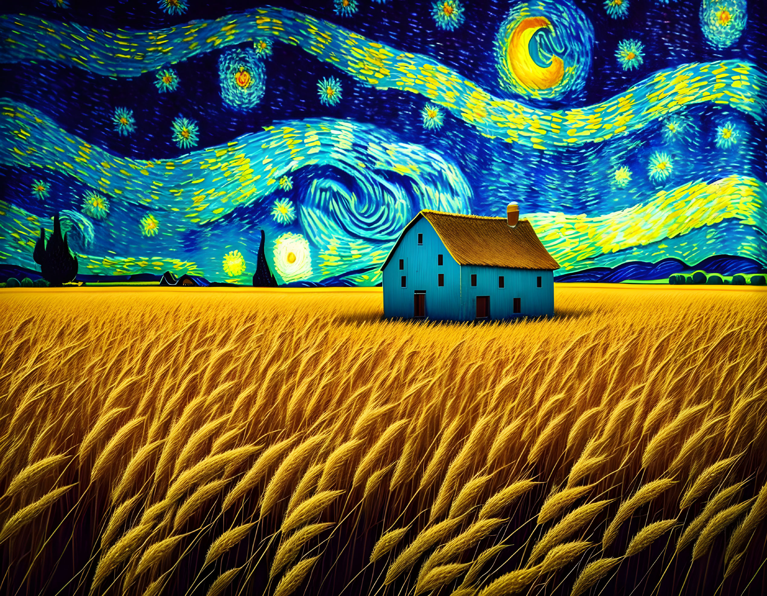 Wheat Field with Solitary House Under Starry Night Sky