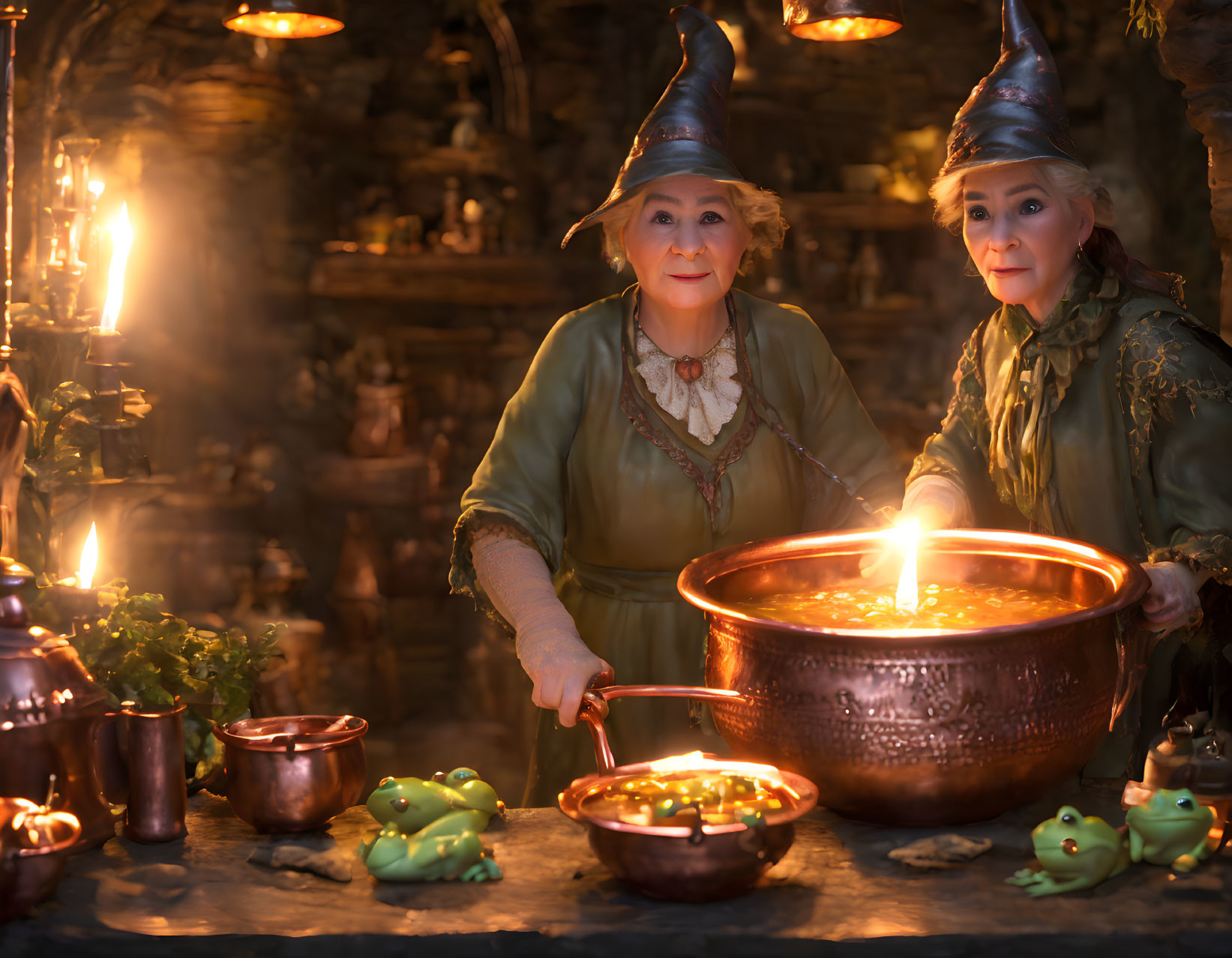 Two women in witch costumes stirring cauldron in dimly-lit rustic setting