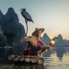 Traditional Attire Person on Bamboo Raft with Cormorant in Misty Mountain Lake