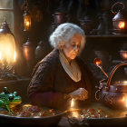 Elderly woman tasting food in cozy rustic kitchen with frog & lanterns