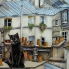 Black Cat on Building with Gray Rooftops and Red Flowers in Windows