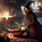 Elderly woman in witch costume stirring potion with frog and candles