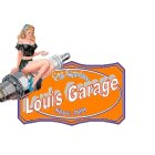 Vintage-style pin-up girl on missile with "Louis Garage" text on orange badge