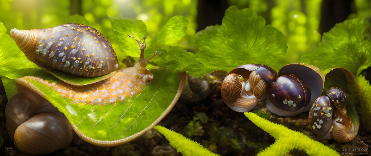 Colorful Snails in Vibrant Digital Artwork with Sparkling Shells