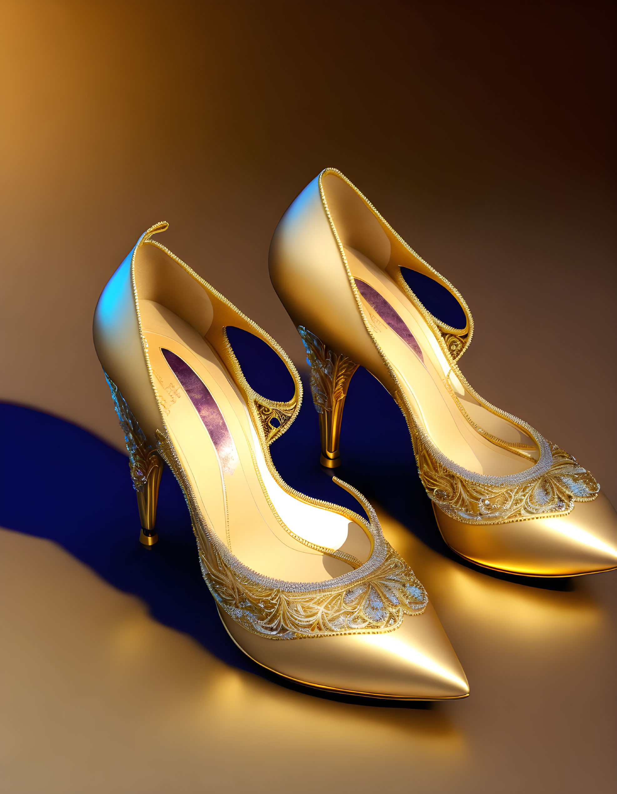 Golden high-heeled shoes with lace detail on gradient background