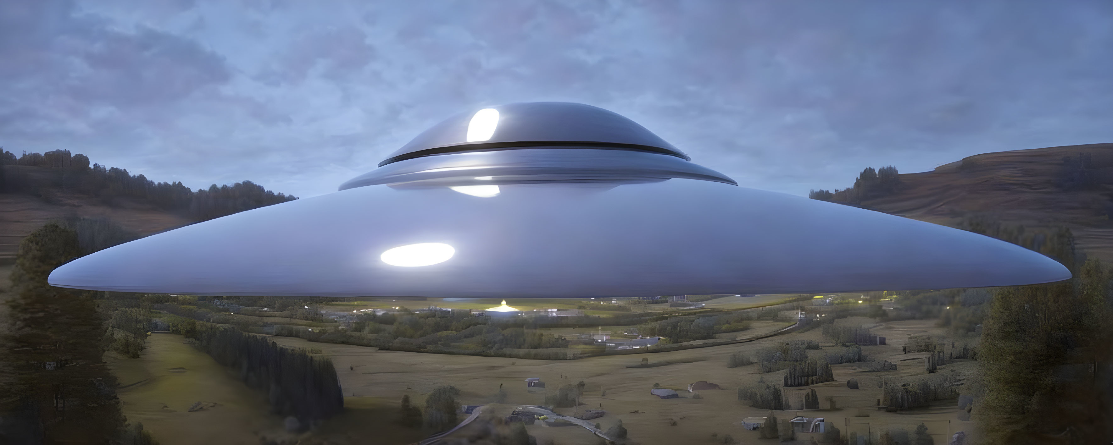 Metallic UFO with bright lights over rural landscape at dusk