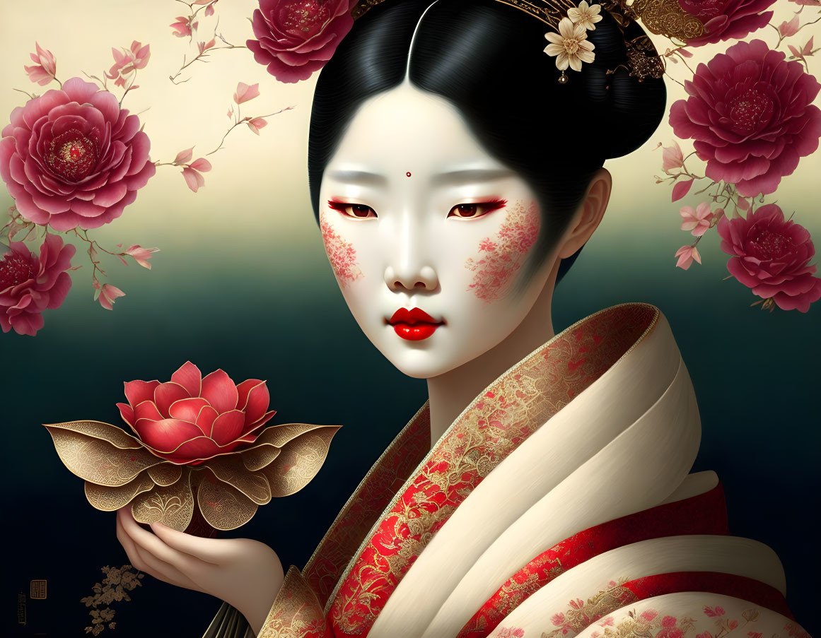 Stylized Geisha with elaborate makeup and red lotus on dark backdrop