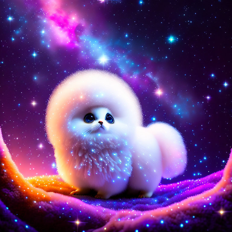 Fluffy white fantasy creature against cosmic backdrop