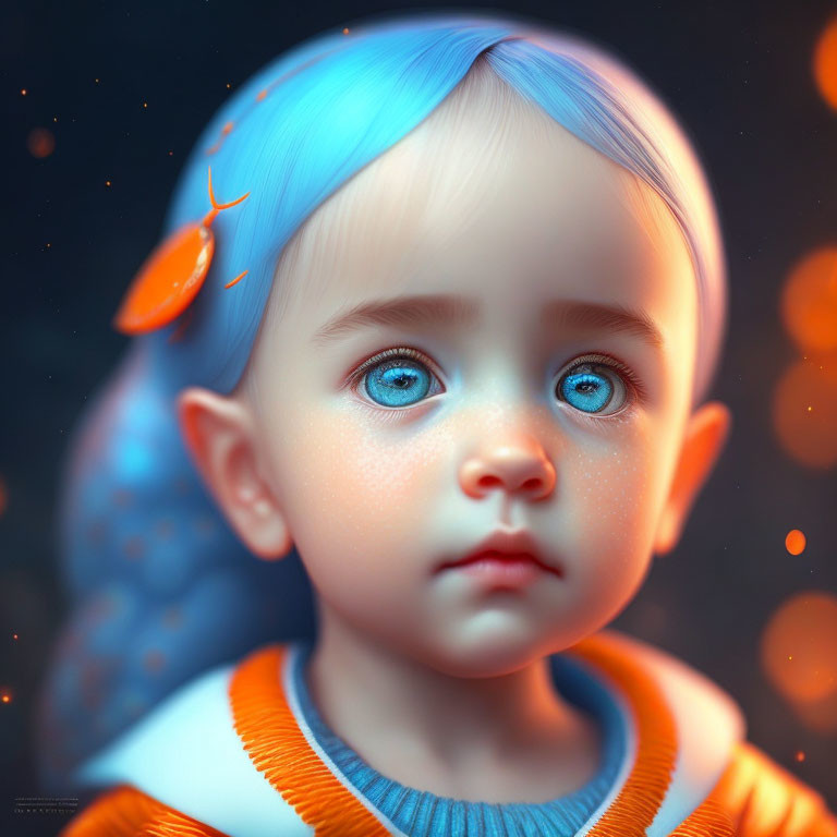 Child with Blue Hair and Orange Fish in Digital Painting