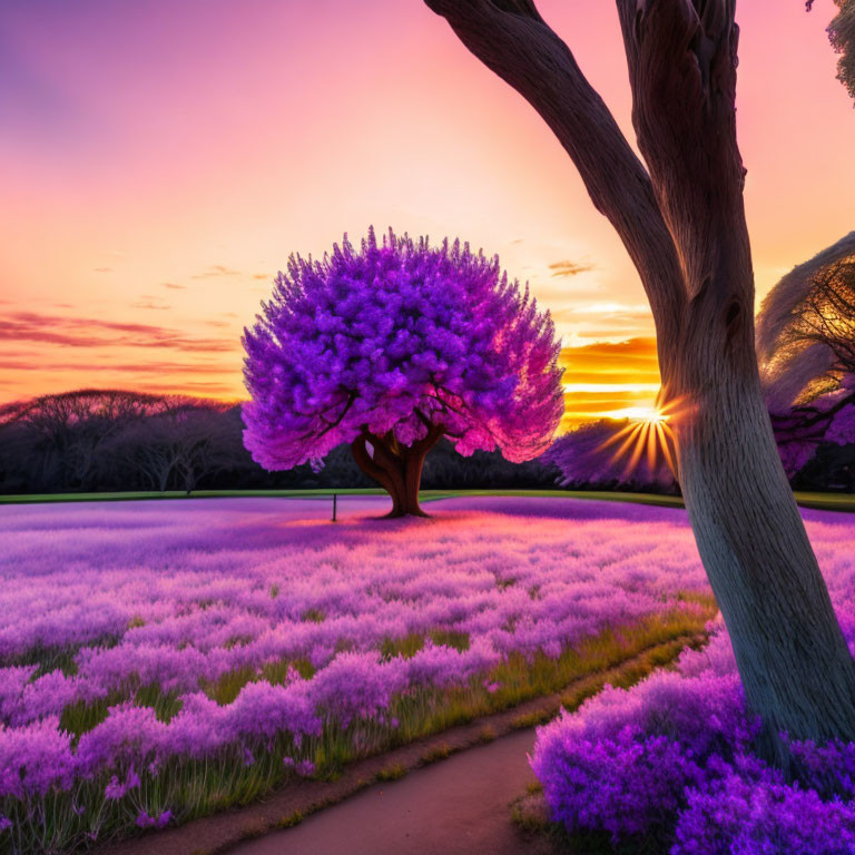 Vibrant purple tree in field of violet flowers under stunning sunset