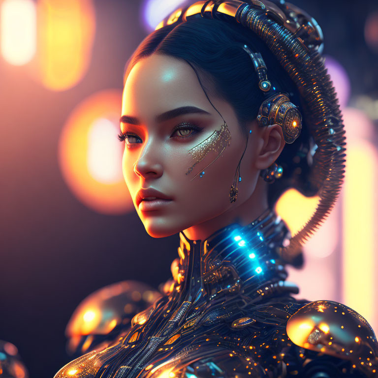 Detailed Female Cyborg with Blue Lights and Gold Accents