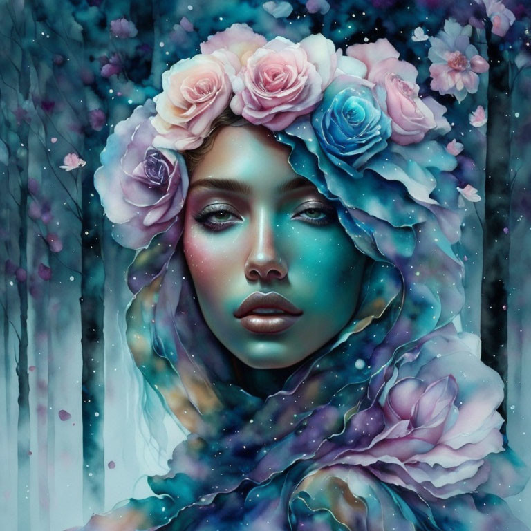 Portrait of a woman with blue skin and floral crown in mystical setting