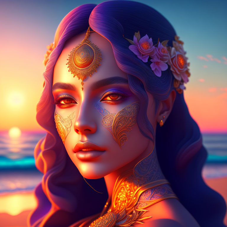 Blue-skinned woman with gold markings and flowers in hair on sunset beach