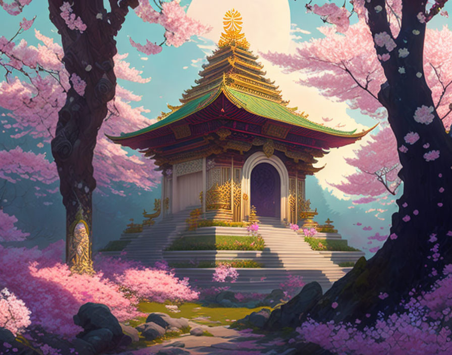 Traditional East Asian Pagoda with Pink Cherry Blossoms in Serene Setting