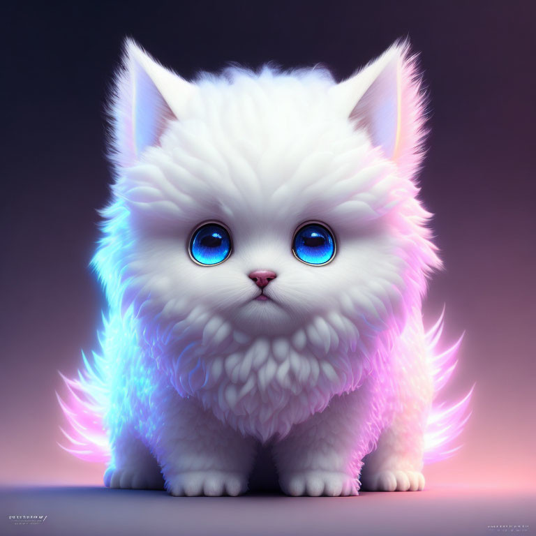 Fluffy White Cartoon Kitten with Blue Eyes and Pink Accents