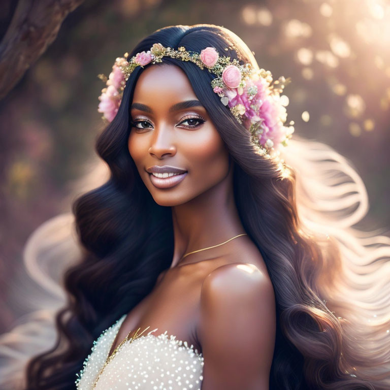 Woman with floral crown and flowing hair in warm backlit natural scene