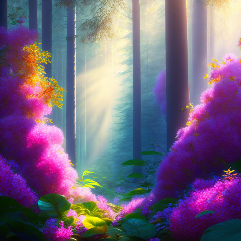 Enchanting forest with tall trees, sunlight rays, and vibrant flowers