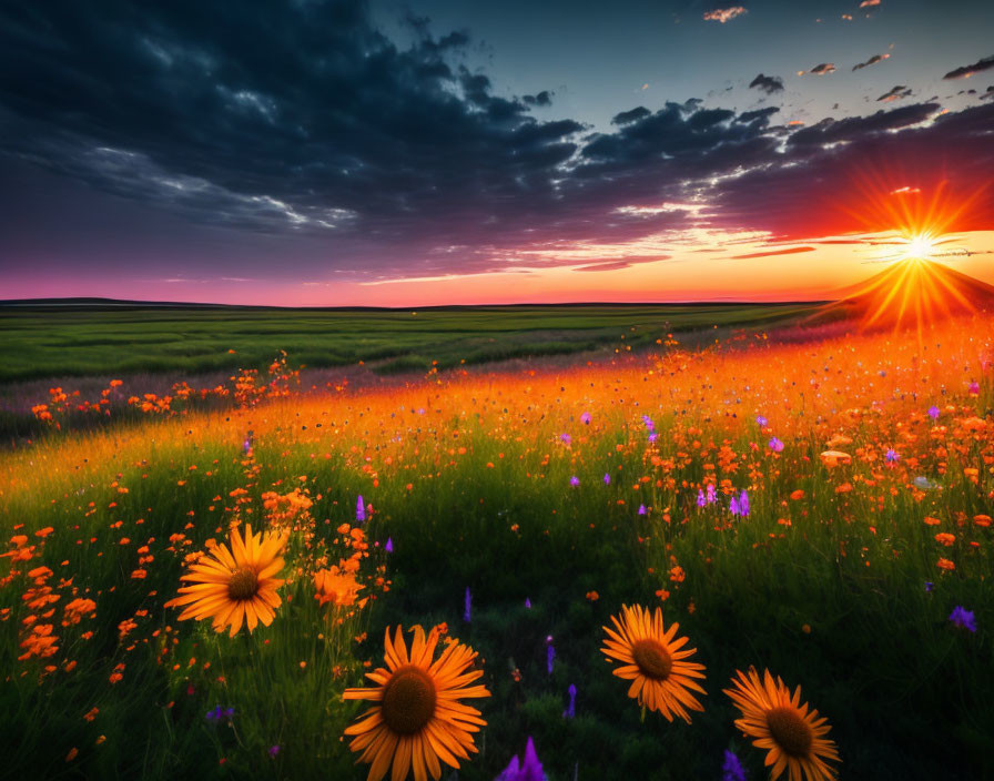 Colorful wildflower field under vibrant sunset rays