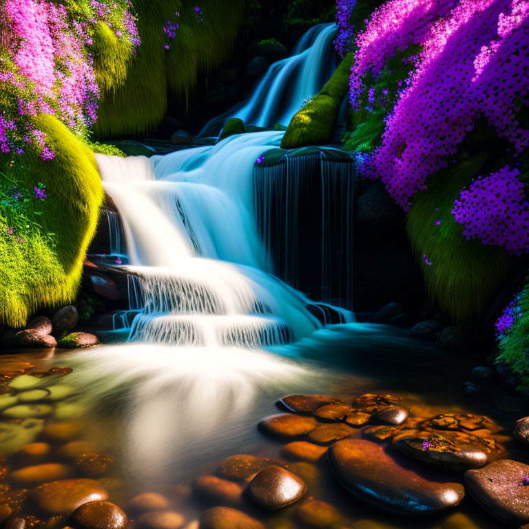 Tranquil waterfall with purple flowers and sunlight on rocks