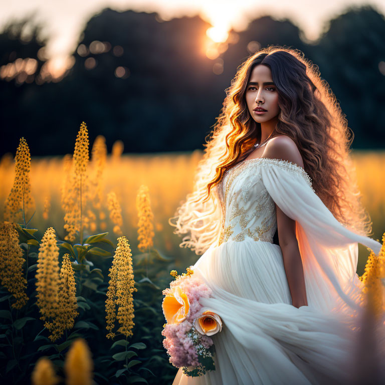 Woman in White Dress with Bouquet in Yellow Flower Field at Sunset