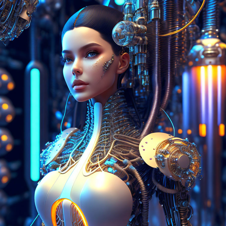 Futuristic female android with intricate mechanical details in dark, technological setting