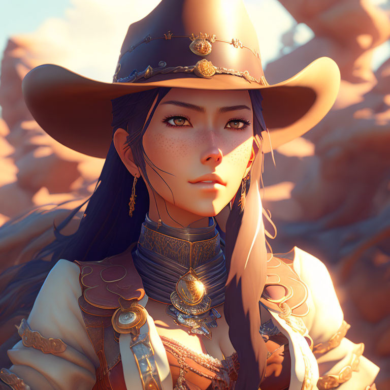 Digital Artwork: Woman in Cowboy Hat with Golden Jewelry in Desert