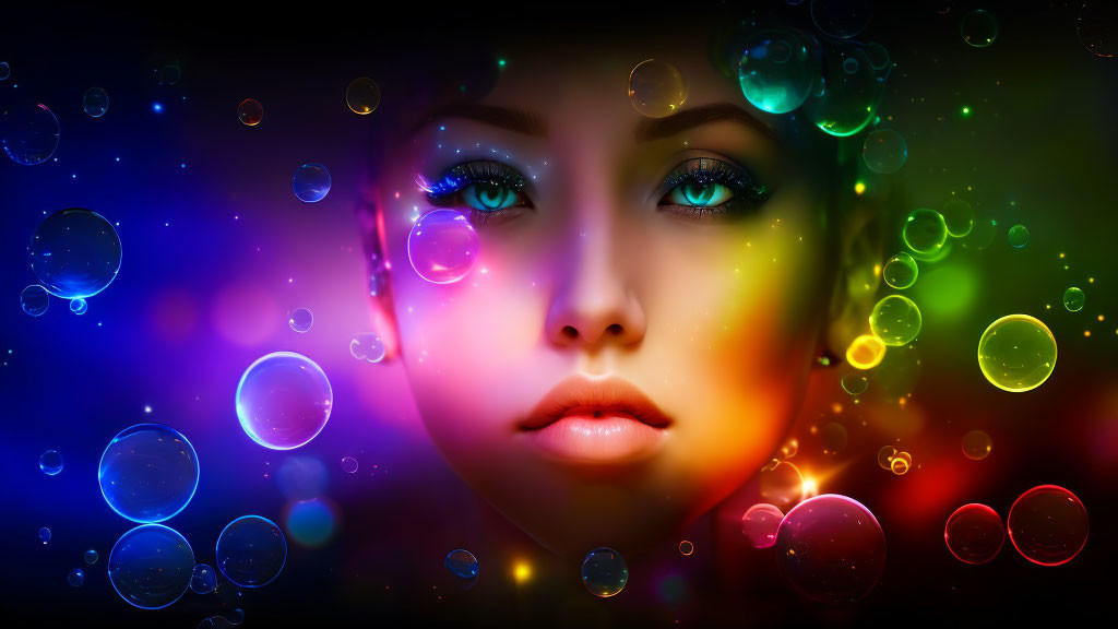 Colorful Neon-Lit Woman's Face with Translucent Bubbles