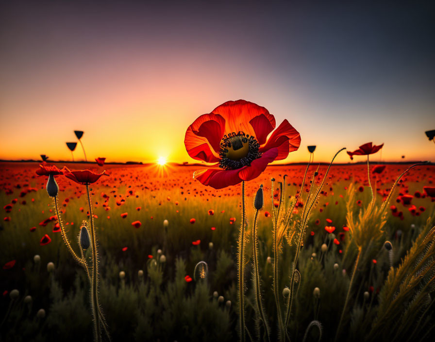 Vibrant poppy flower against sunset backdrop in field.