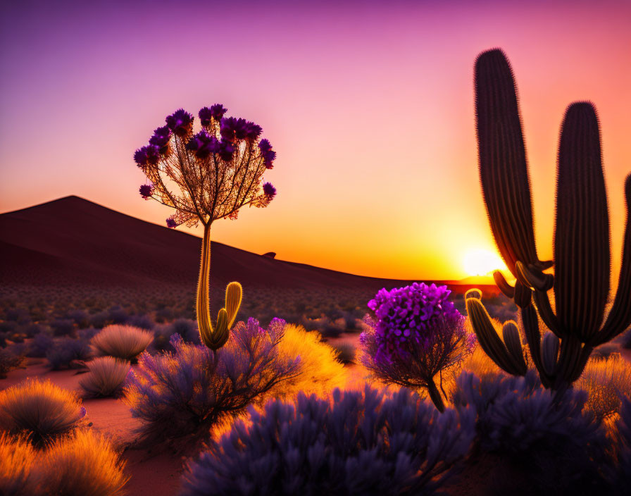 Colorful Desert Sunset with Cacti Silhouettes