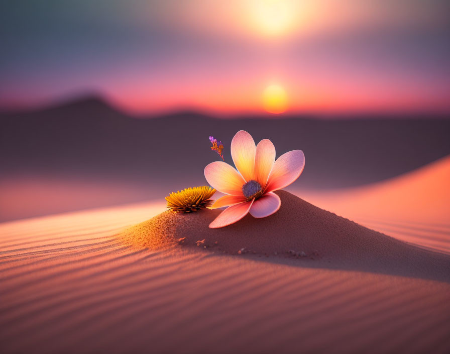 Serene sunset with vibrant flower on smooth sand dunes