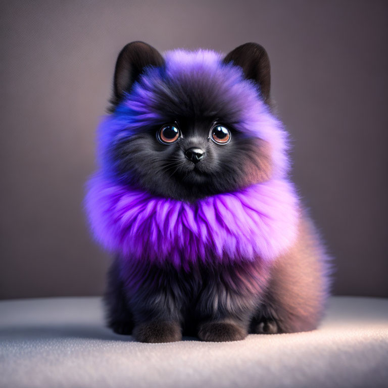 Fluffy Black Dog with Purple Fur Sitting Against Background