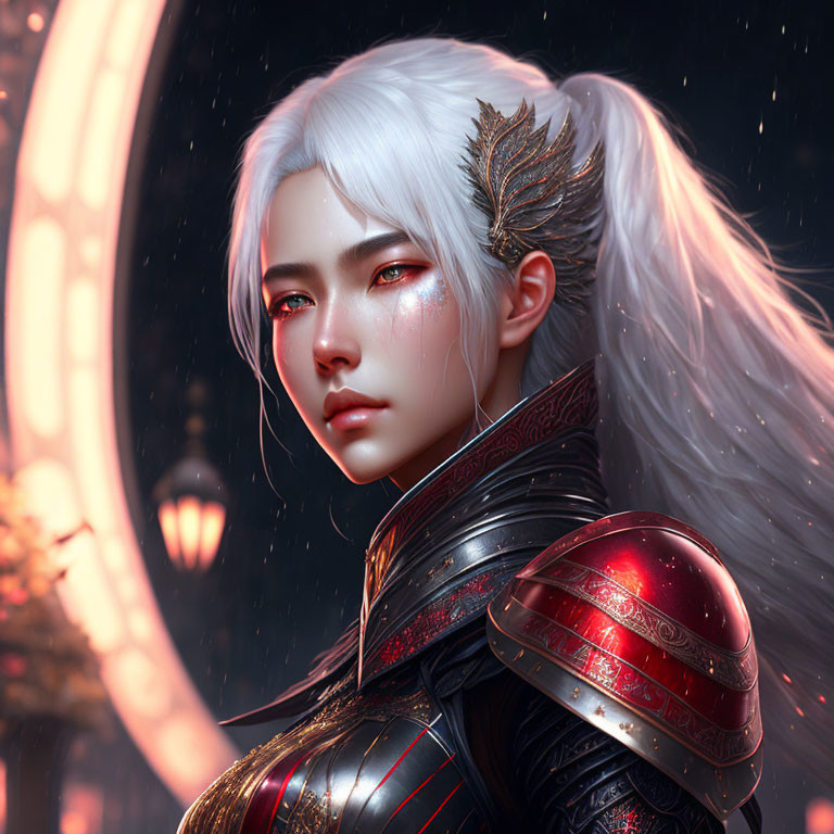 Fantasy warrior with white hair and red eyes in intricate armor against moonlit backdrop