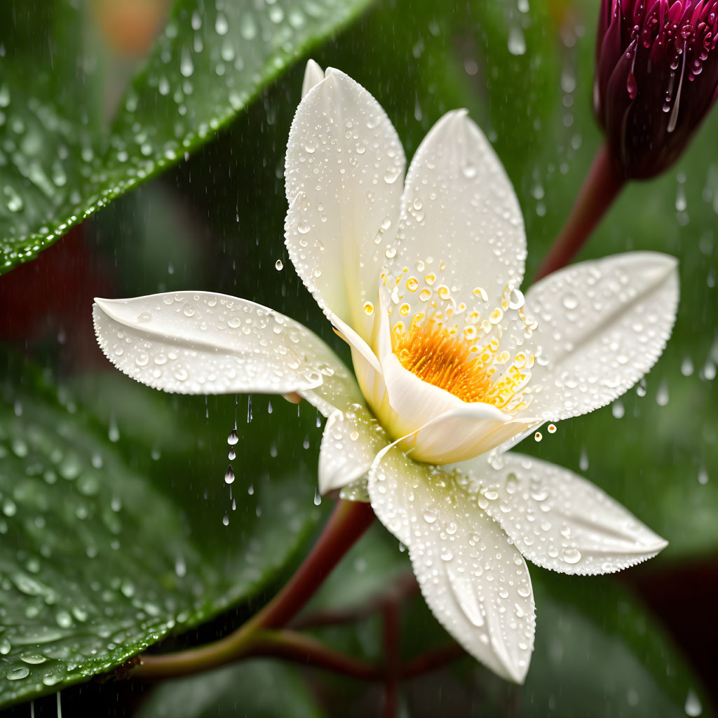 Delicate white flower with yellow center and water droplets on green leaves