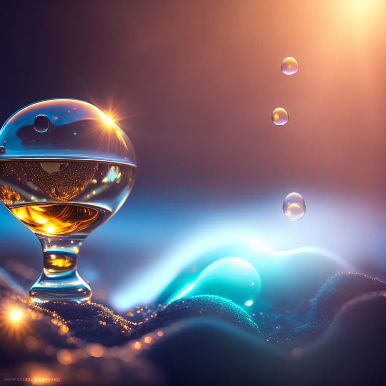 Glass sphere with liquid on reflective surface, blue hues and sparkling droplets.