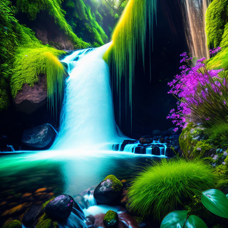 Tranquil waterfall with lush greenery and purple flowers