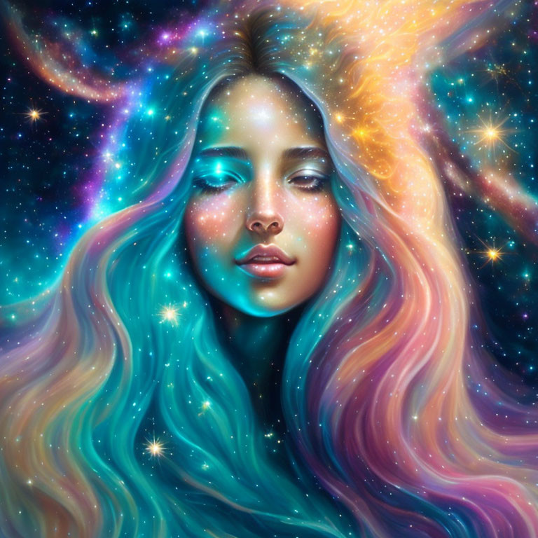 Vibrant woman portrait with cosmic hair and stars background.