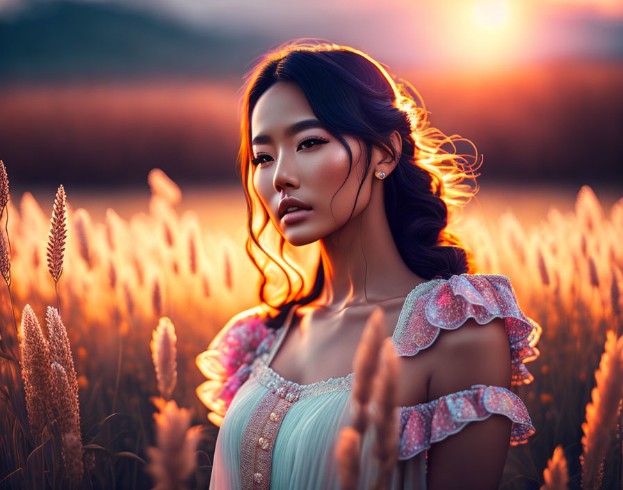 Woman in pastel dress standing in golden wheat field at sunset