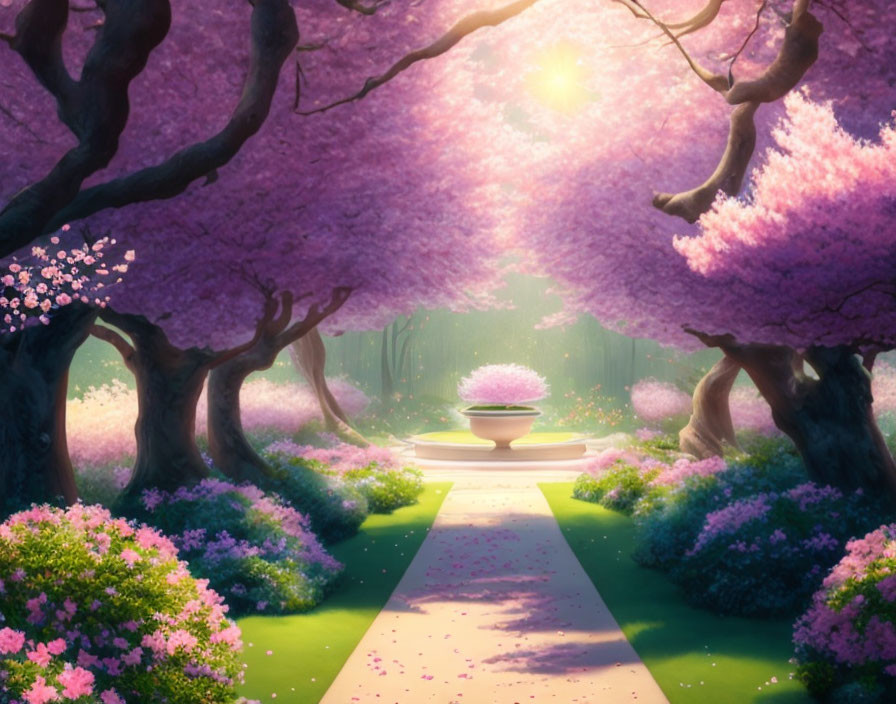 Enchanted forest path with pink cherry blossoms under soft sunlight