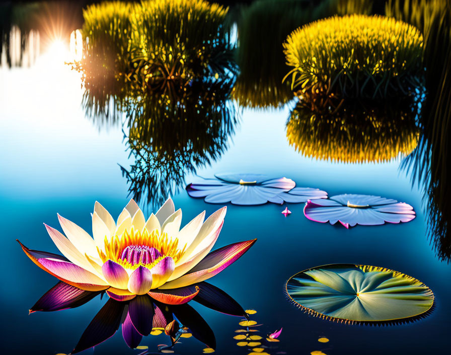 Colorful water lily blooming on tranquil pond with reflections of vegetation and sun glare.