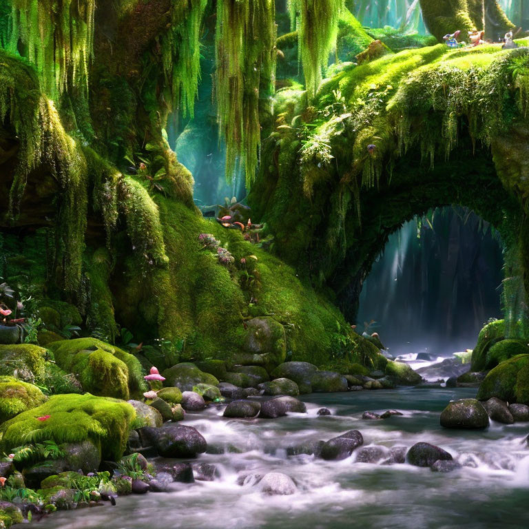 Enchanted forest with moss-covered arch bridge and gentle stream